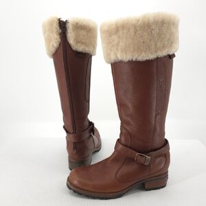 Ugg Leather Knee High Boots Fleece Fur Trim Brown Zip Up Rodeo 7